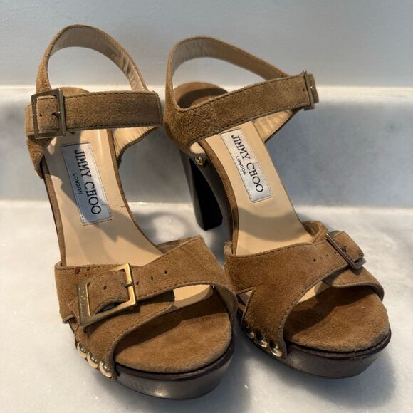 Jimmy Choo Open Toe Suede Urban Sue Platform Wooden Heels Sandal Hazel 7.5 - Picture 2 of 8
